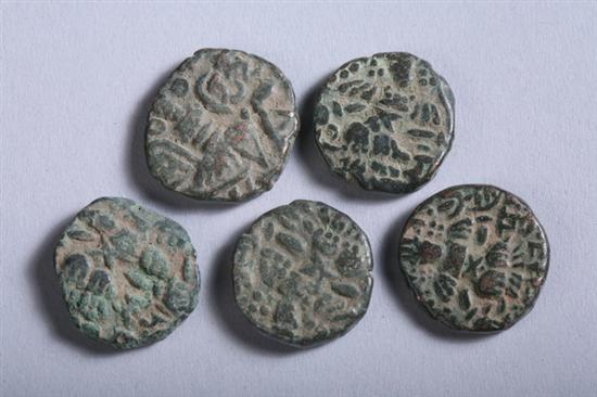 Appraisal: FIVE INDIAN BRONZE COINS KASHMIR Circa th century A D