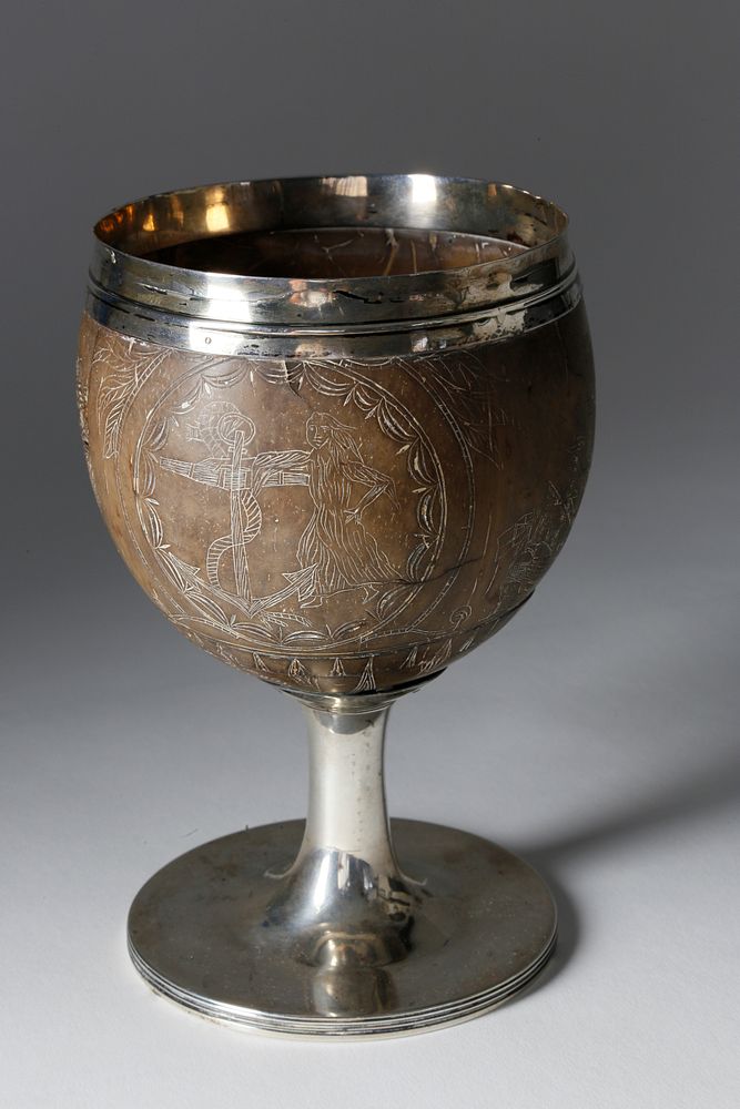 Appraisal: Silver and Scrimshaw Coconut Goblet circa - Silver and Scrimshaw