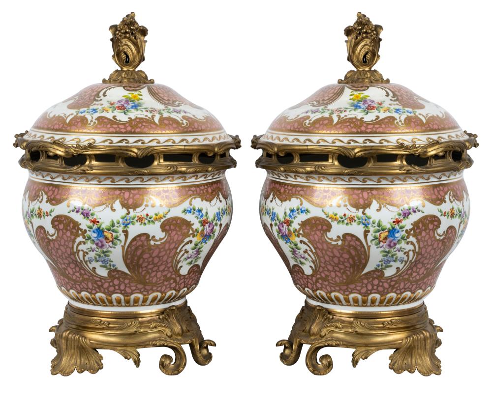 Appraisal: PAIR OF SEVRES-STYLE GILT BRONZE PORCELAIN POTPOURRISwith Sevres-style mark inches