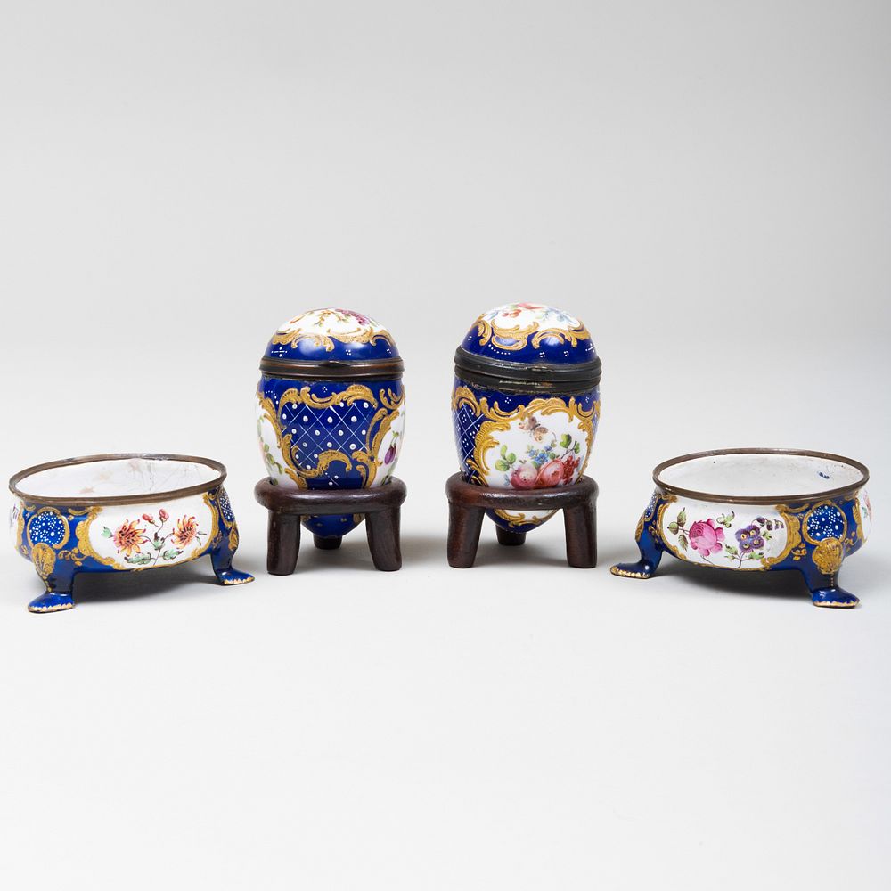 Appraisal: Pair of Staffordshire Enamel Salt Cellars and Egg Form Boxes