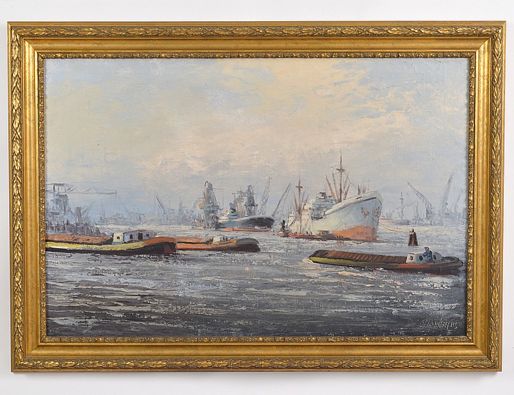 Appraisal: DUTCH SCHOOL TH CENTURY Amsterdam Shipping Harbor with Tugs Signed