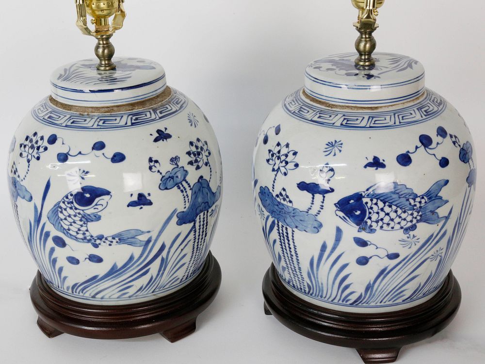 Appraisal: Pair of Blue and White Canton Style Ginger Jar Lamps