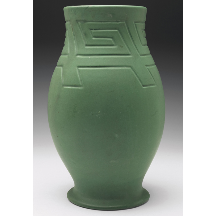 Appraisal: Owens vase large shape with anincised geometric design covered in