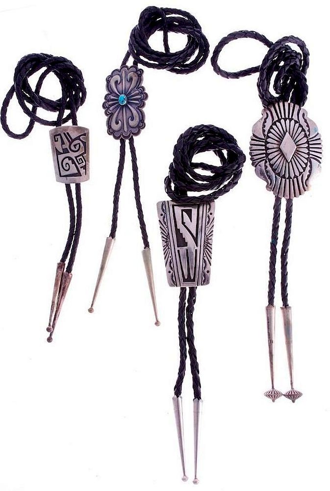 Appraisal: NAVAJO BOLOS Four Vintage Navajo bolo ties silver Largest example