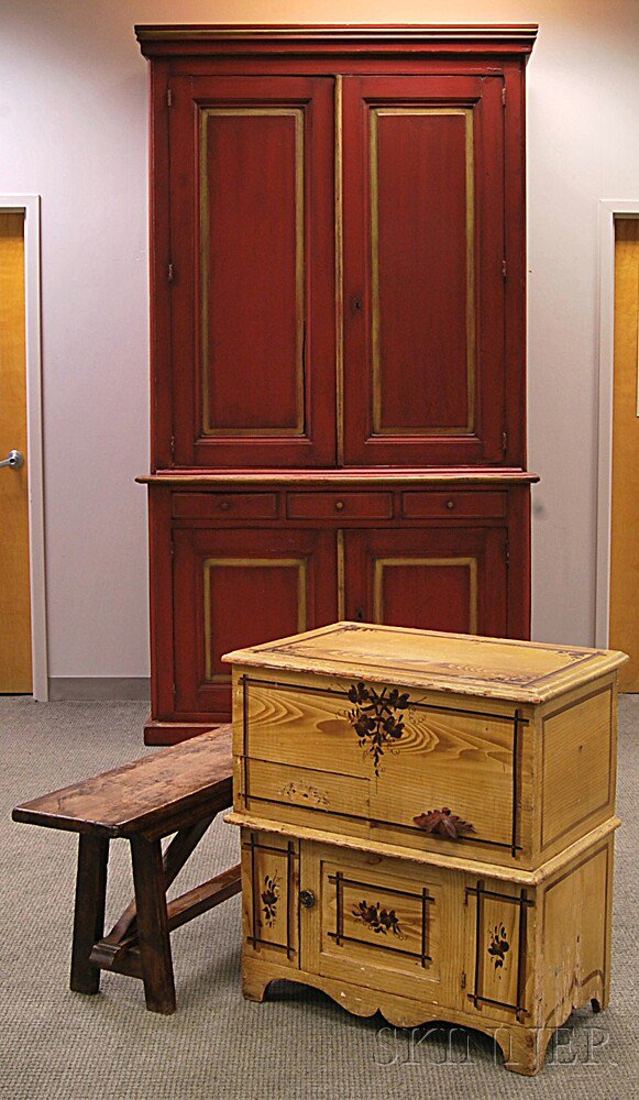 Appraisal: Large Red-painted Television Cabinet a Painted Commode and a Bench