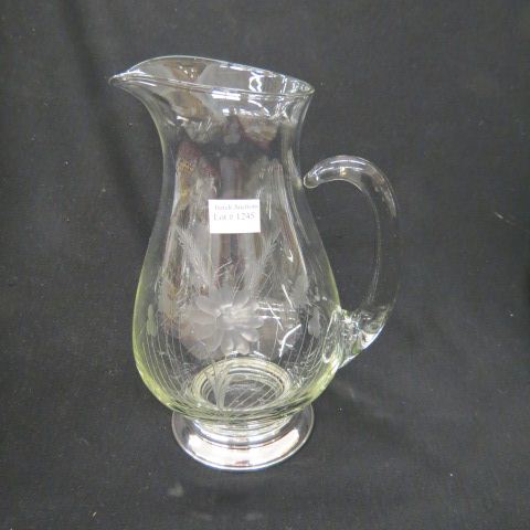 Appraisal: Sterling Silver Etched Crystal Pitcher floral decor excellent