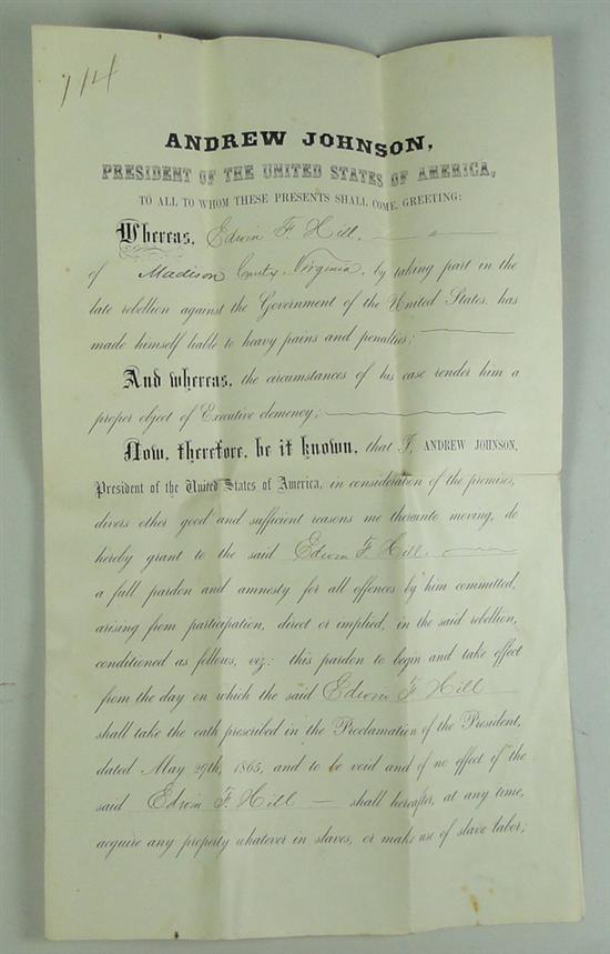 Appraisal: President Andrew Johnson Signed Civil War Pardon Printed pardon for