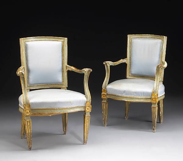 Appraisal: A pair of Italian Neoclassical painted and parcel gilt armchairs