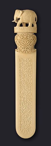 Appraisal: An Indian pieced ivory staff with elephant finial The caparisoned