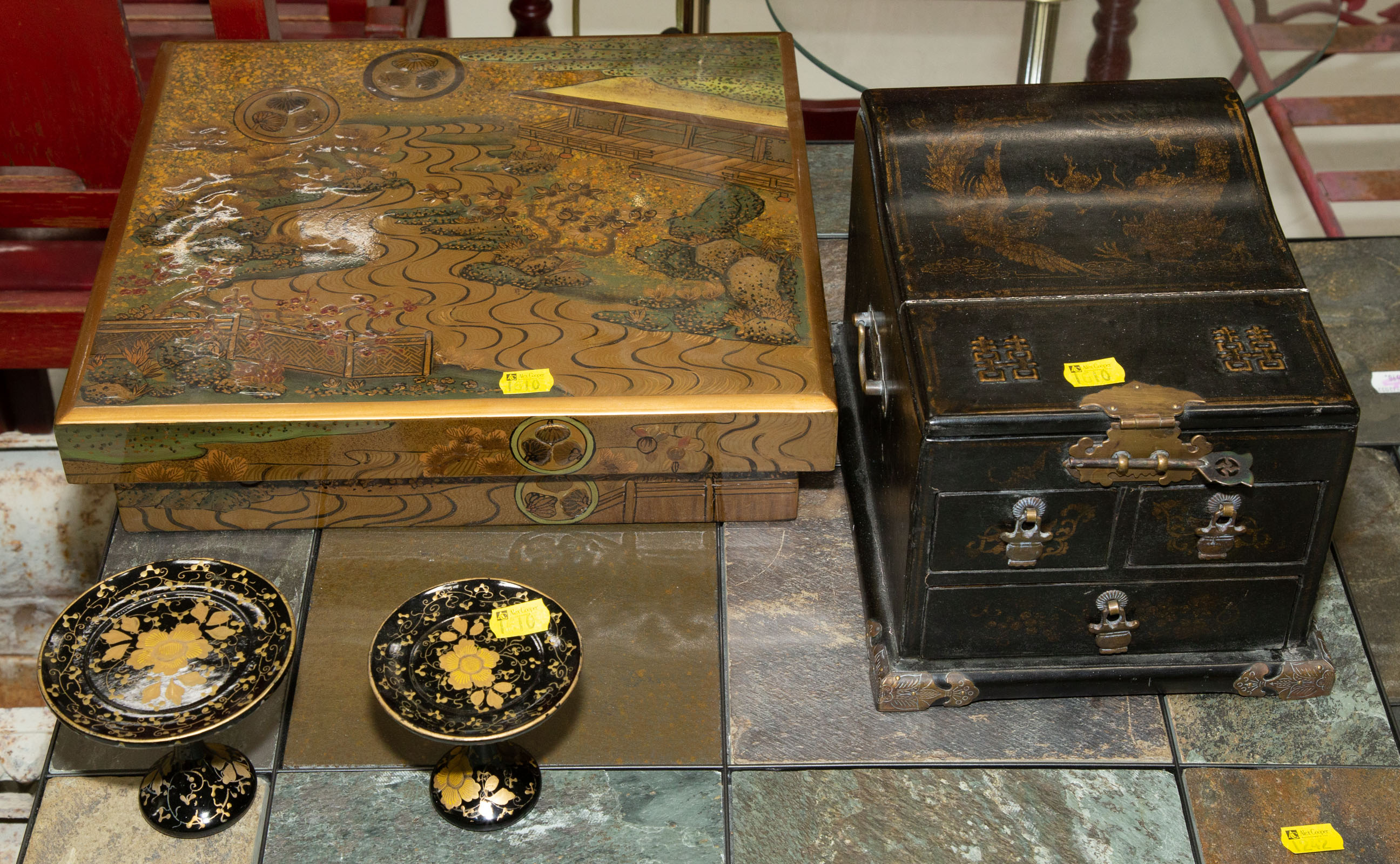 Appraisal: FOUR PIECES OF ASIAN LACQUER WARE Including a Chinese jewelry