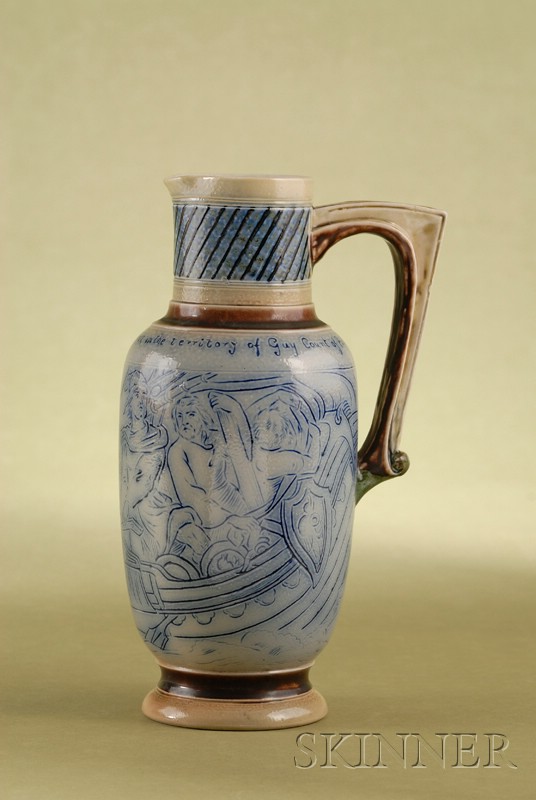 Appraisal: Martin Brothers Blue Glazed Stoneware Narrative Ewer dated March and