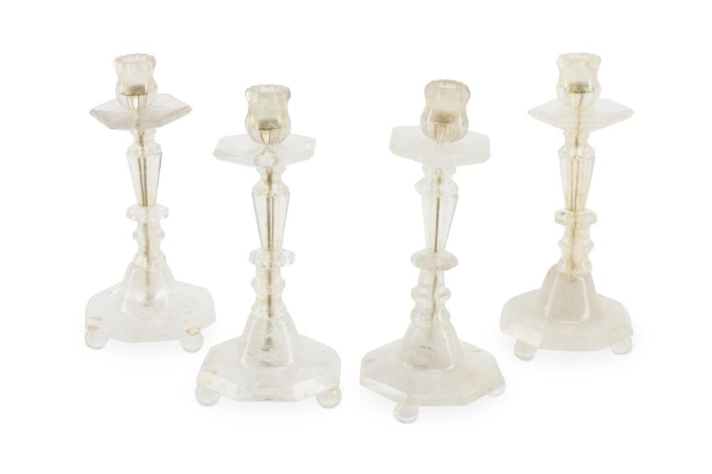 Appraisal: A SET OF LOUIS XVI-STYLE ROCK CRYSTAL CANDLESTICKSA set of