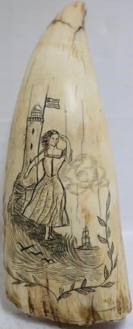 Appraisal: TH CENTURY SCRIMSHAW WHALE'S TOOTH DEPICTING AWOMAN IN FRONT OF