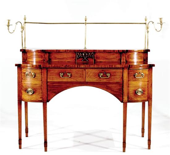 Appraisal: George III style inlaid bowfront mahogany sideboard circa tiered top