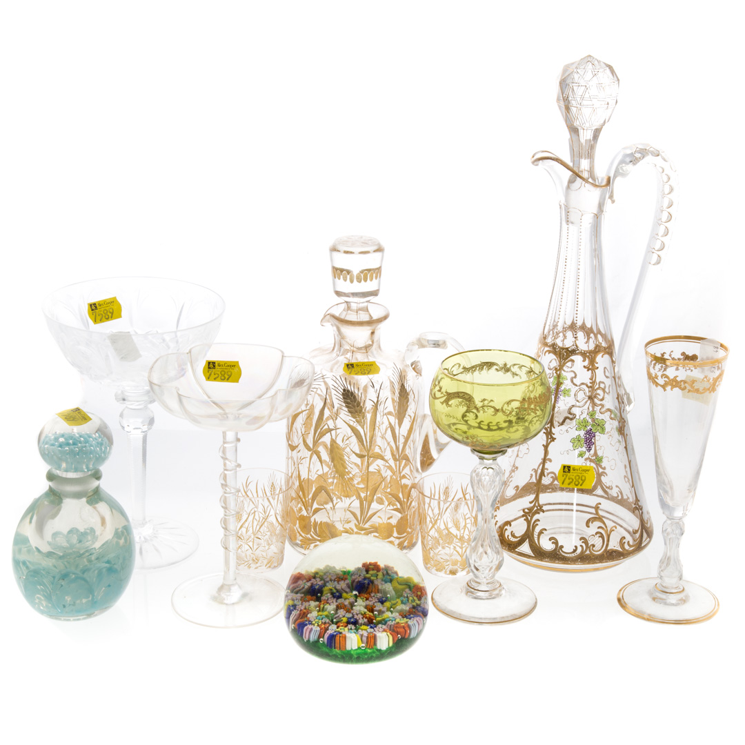 Appraisal: assorted glass objects including wide stems decanters and art glass