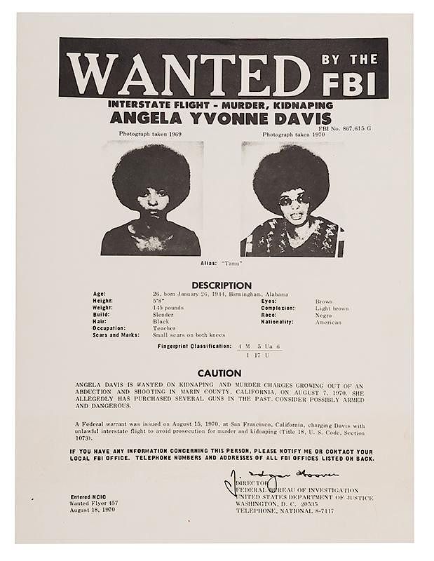 Appraisal: Angela Davis Wanted By The FBI Black Panthers Davis Angela