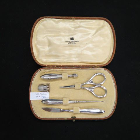 Appraisal: Silver Sewing Kit in box includes thimble scissors needle case