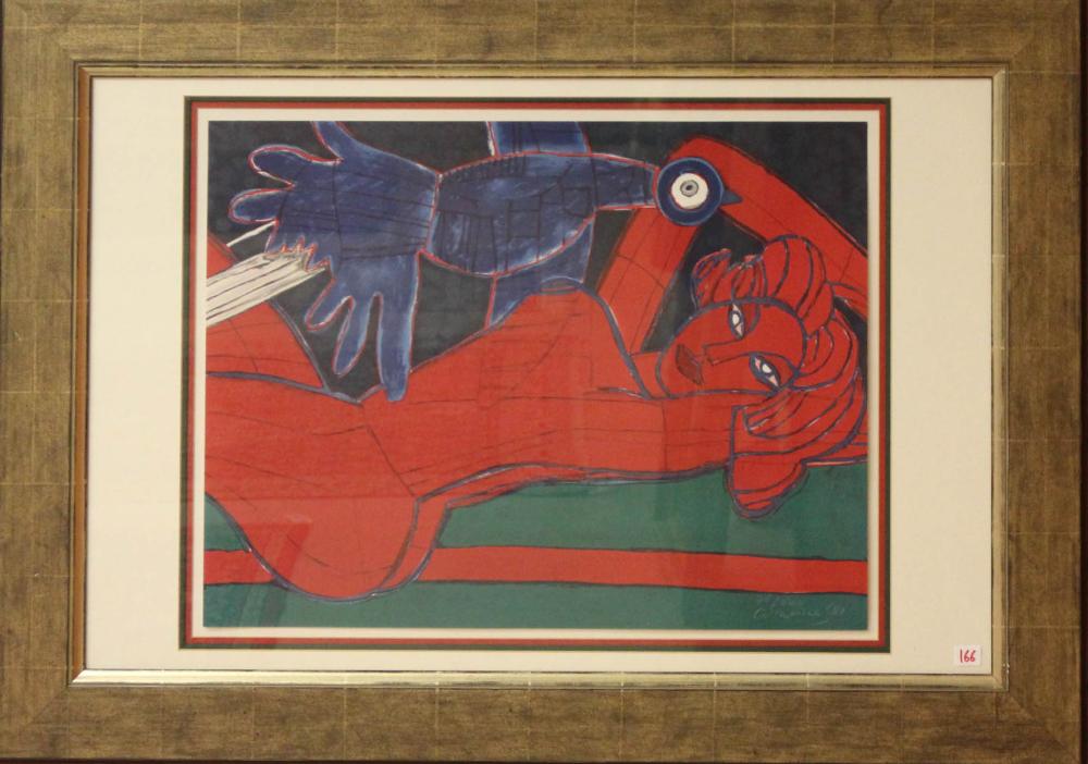 Appraisal: GUILLAUME CORNEILLE - lithograph reclining red nude with bird Signed