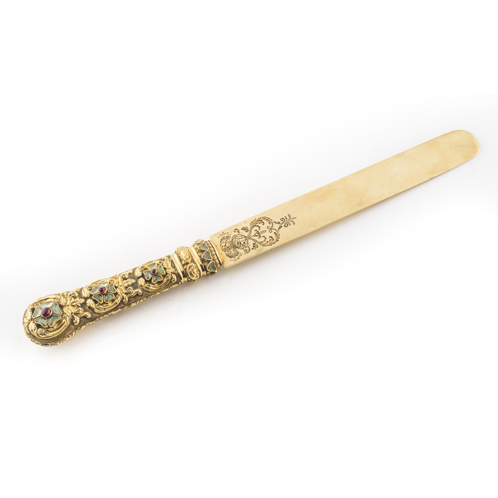 Appraisal: A late th century enamel and gem-set paper-knife the yellow