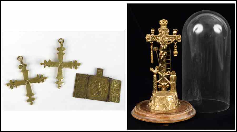 Appraisal: GILT METAL CRUCIFIXION Contained under a glass dome Together with