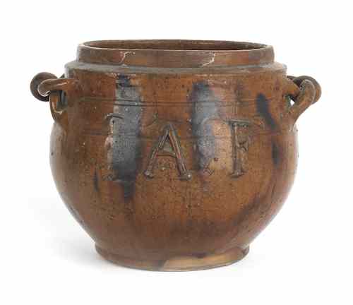 Appraisal: Pennsylvania redware sugar bowl th c initialed AF with rope