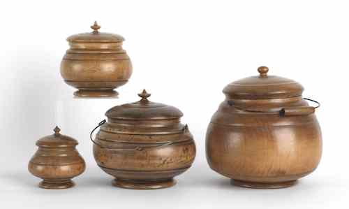 Appraisal: Rare graduated set of turned maple peaseware lidded canisters th