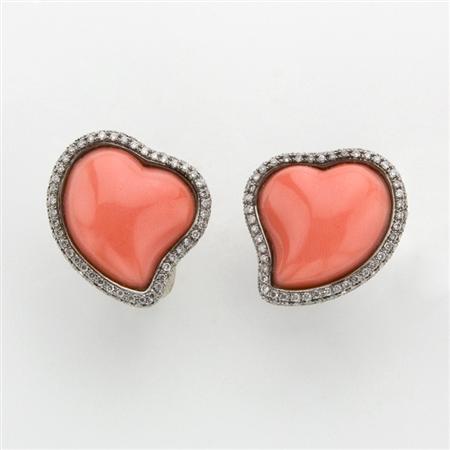 Appraisal: Pair of Coral and Diamond Heart Earrings Estimate -