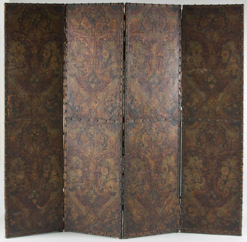 Appraisal: Continental Painted Leather Folding Screen th century consisting of hinged