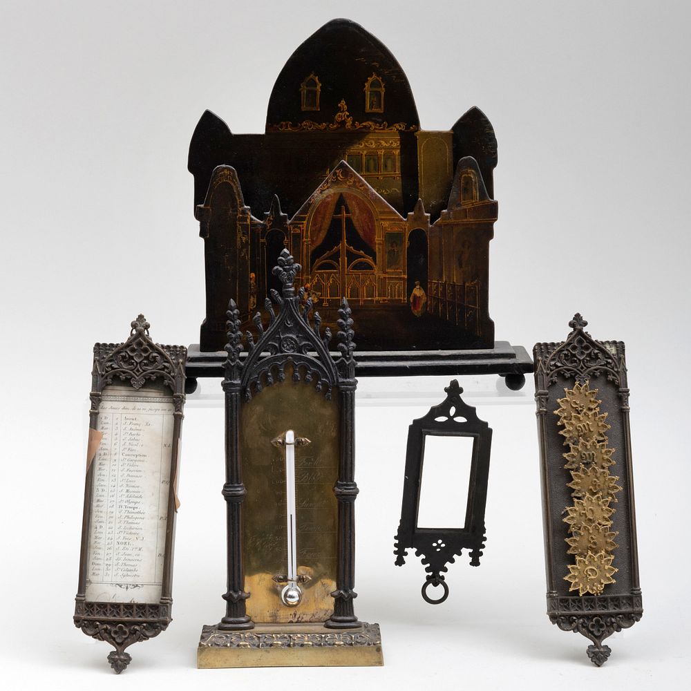 Appraisal: Gothic Style Desk Articles Comprising A papier mache letter holder