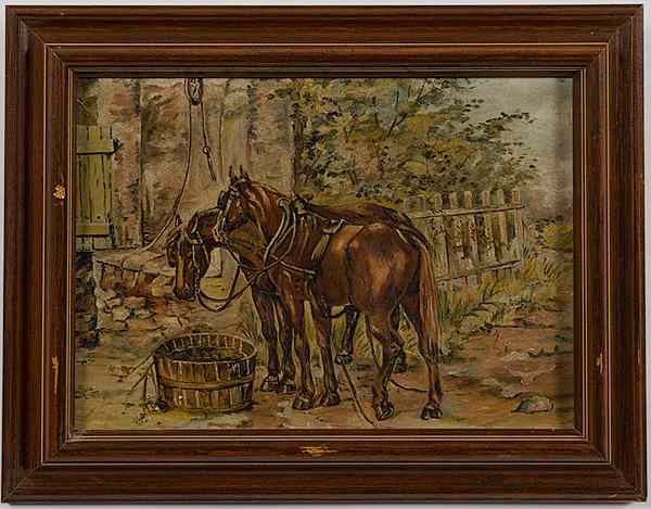 Appraisal: American Painting of Horses Oil on Canvas th century unsigned