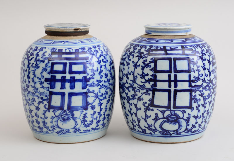 Appraisal: ASSEMBLED PAIR OF CHINESE BLUE AND WHITE PORCELAIN LARGE GINGER