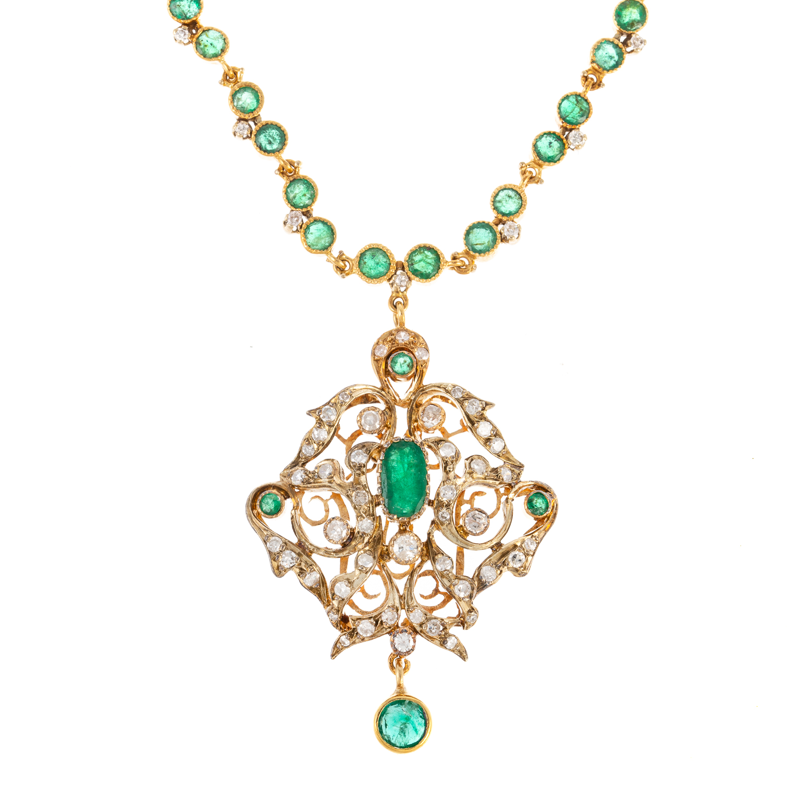 Appraisal: AN EMERALD DIAMOND NECKLACE WITH ANTIQUE PENDANT K yellow gold