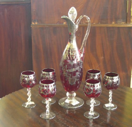 Appraisal: Seven-Piece Ruby and Colorless Murano Glass Silver-Deposit Wine Service for