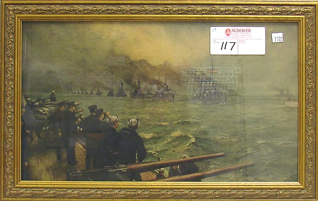 Appraisal: Framed print of U S warships overseeing the surrender of