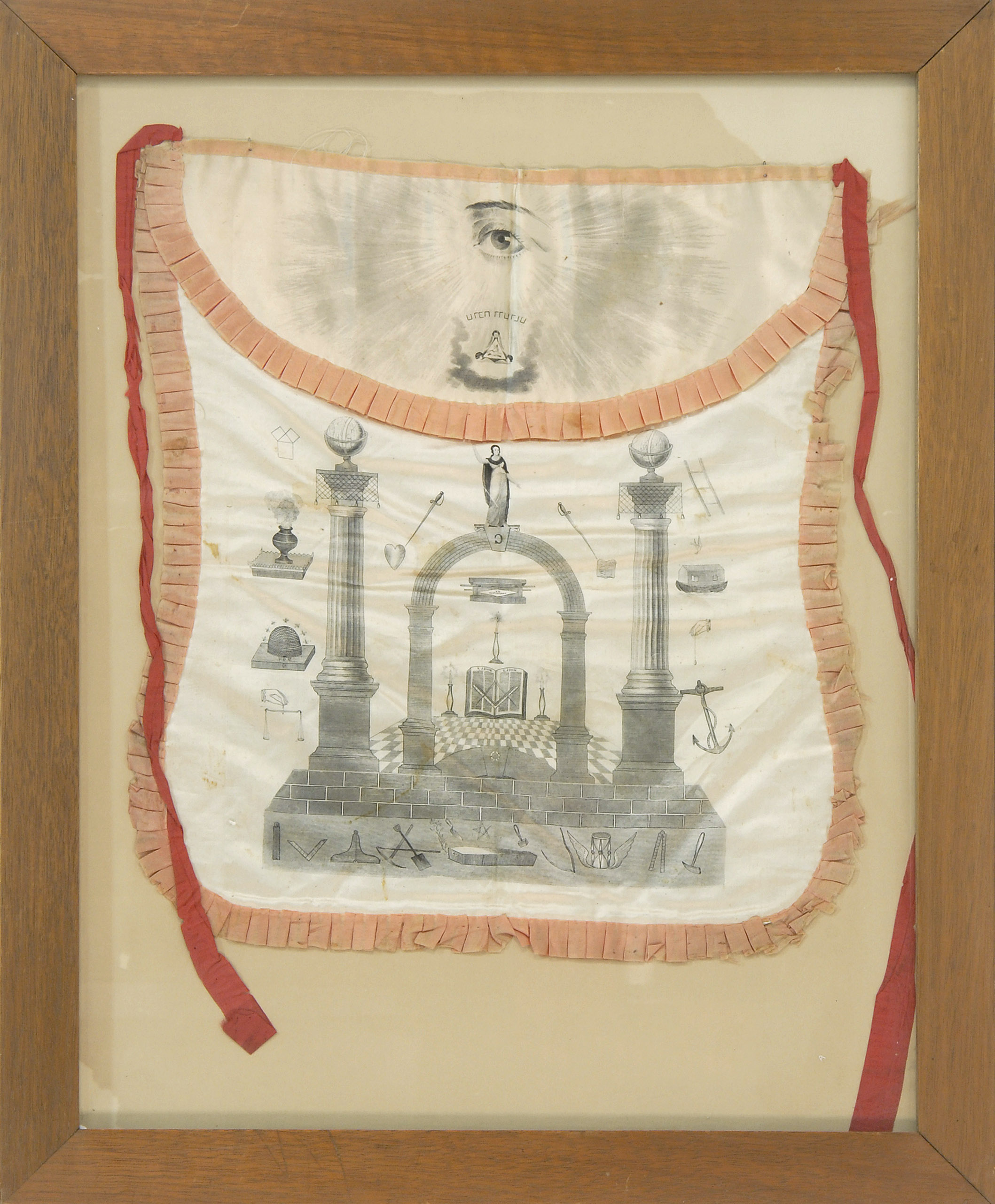 Appraisal: FRAMED MASONIC APRON Circa s- sIn white silk with pink