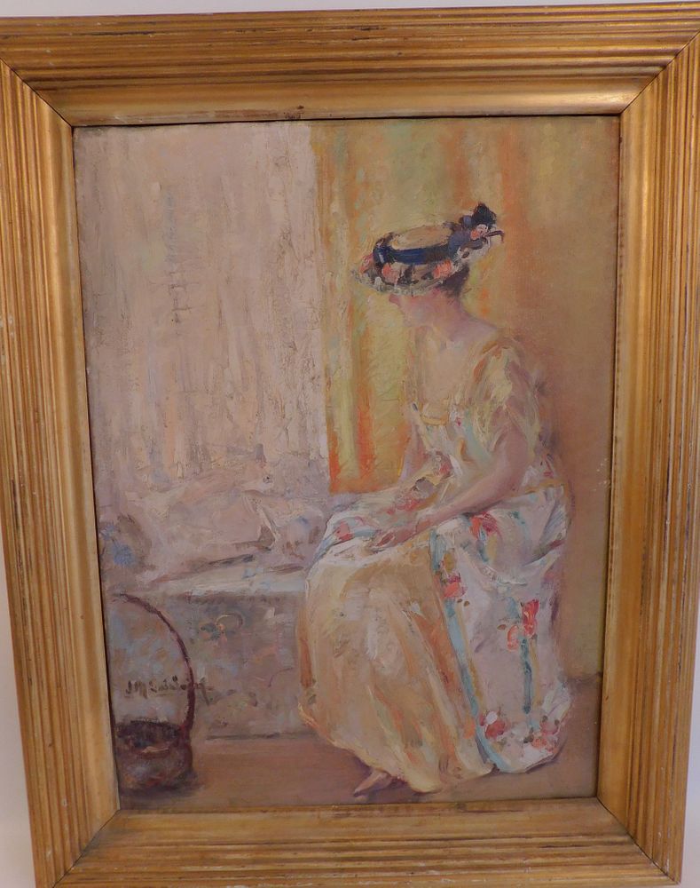 Appraisal: IMPRESSIONIST PAINTING OF INTERIOR LADY - SIGNED Impressionist oil painting