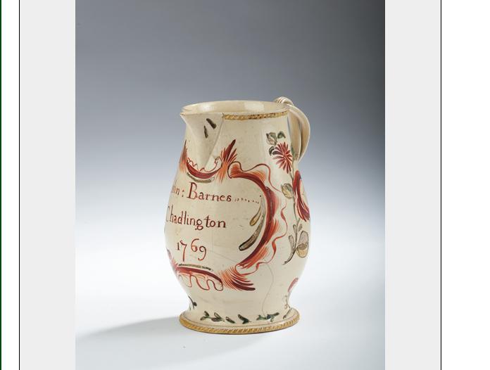 Appraisal: STAFFORDSHIRE CREAMWARE PRESENTATION JUG FOR JOHN BARNES DATED Painted in