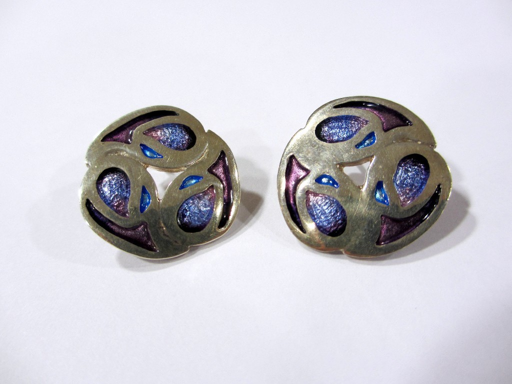 Appraisal: A pair of silver and enamel earrings of stylised Arts