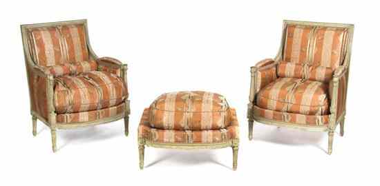 Appraisal: A Pair of Louis XVI Style Painted Bergeres having upholstered