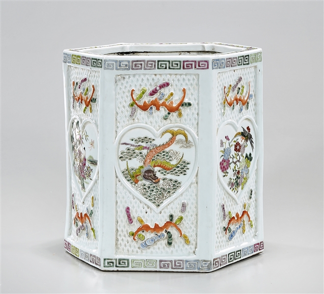 Appraisal: Chinese enameled porcelain hexagonal brush pot figure and floral motifs