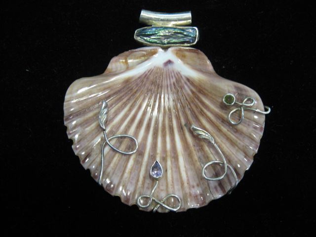 Appraisal: Sterling Silver Gem Set Shell Pendant a fine Artisian piece