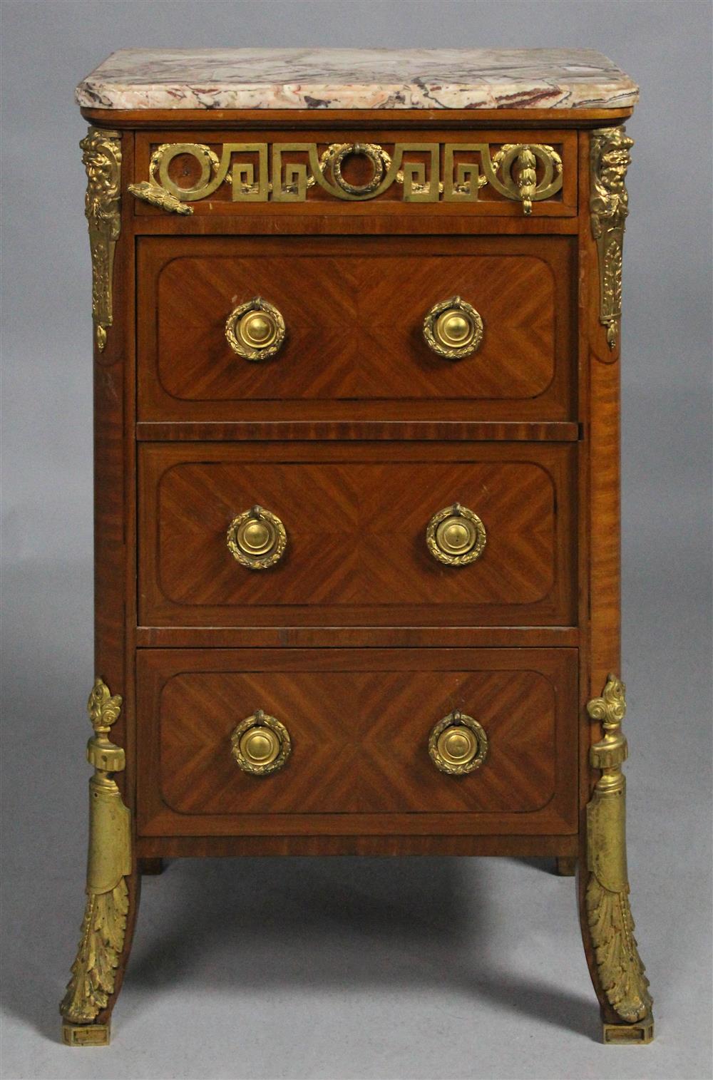 Appraisal: LOUIS XVI STYLE GILT BRONZE-MOUNTED TULIPWOOD MARQUETRY PETITE COMMODE WITH