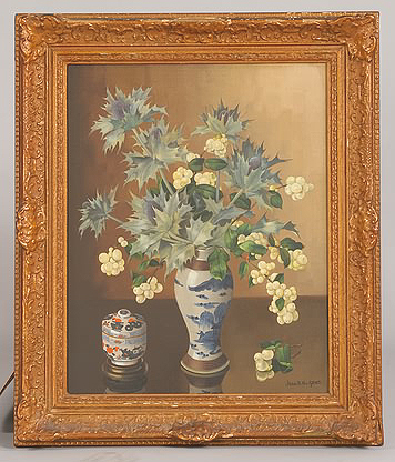 Appraisal: Table top floral still life with Japanese jar oil on