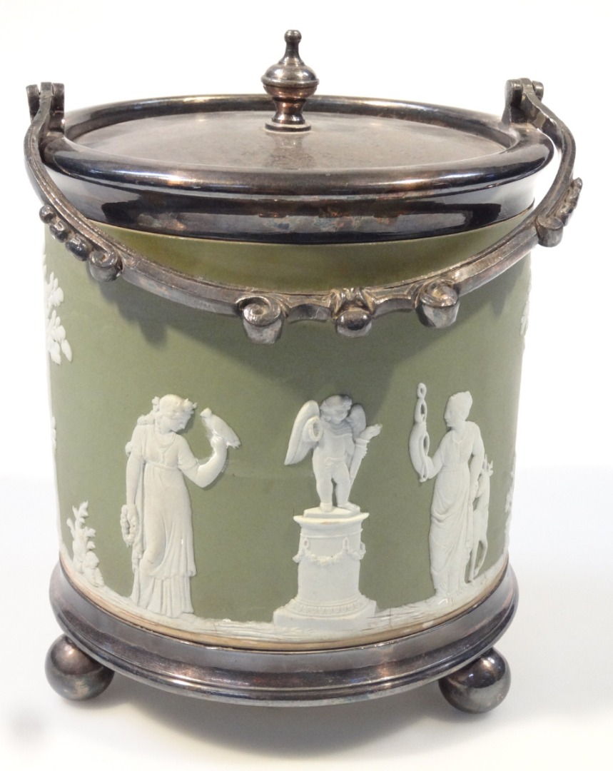 Appraisal: An early thC Wedgwood green Jasperware biscuit barrel with plated