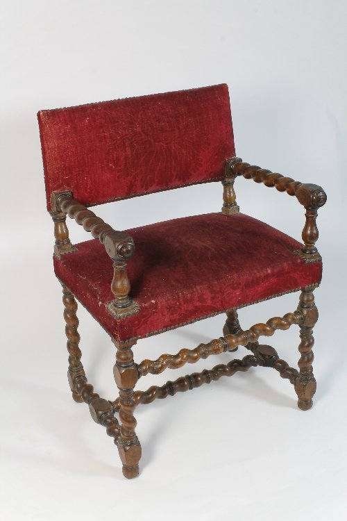 Appraisal: A Flemish th Century walnut armchair the upholstered back and