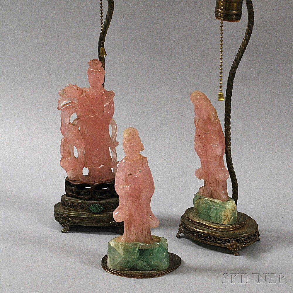 Appraisal: Three Rose Quartz Carvings of Guanyin China two mounted as