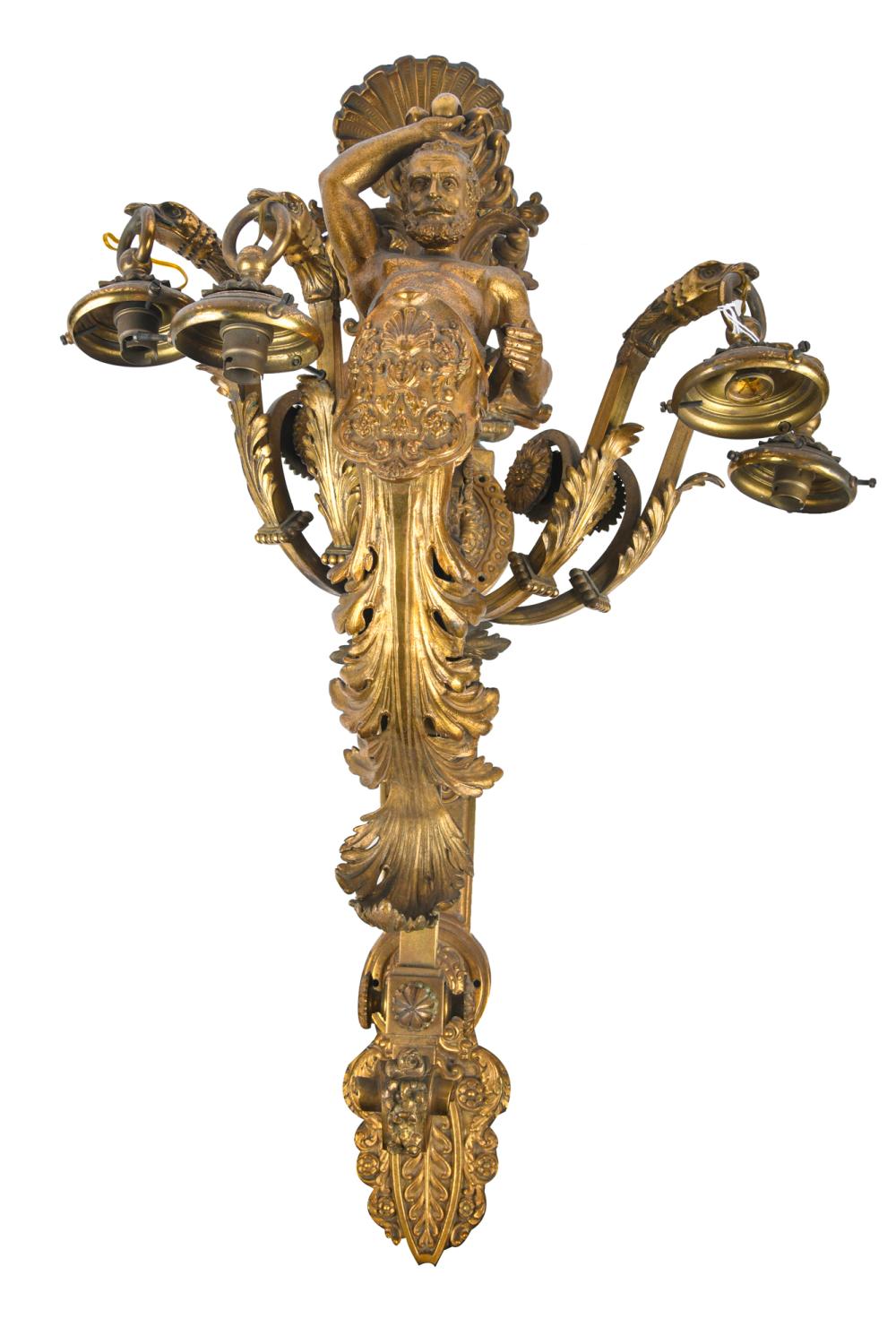 Appraisal: NEOCLASSIC GILT BRONZE WALL SCONCEmodeled as Triton with four dolphin-headed