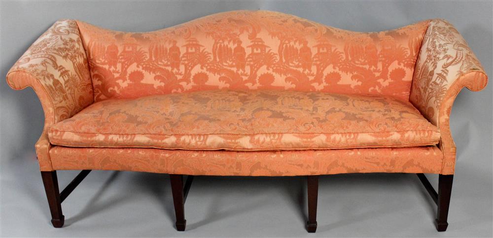 Appraisal: HICKORY CHAIR DAMASK CAMELBACK SOFA WITH SPRING-DOWN SEATS shaped upholstered