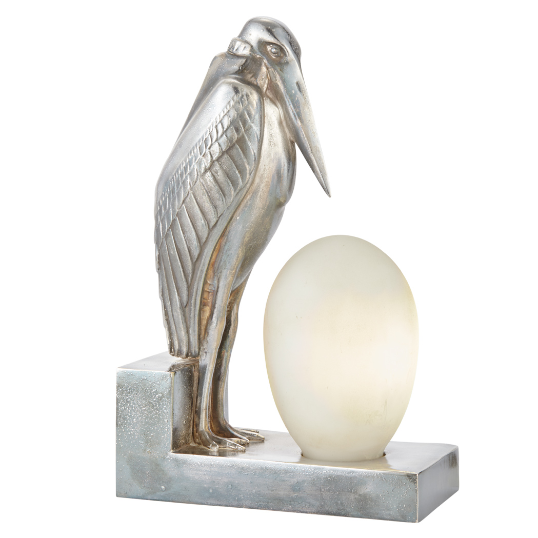 Appraisal: Louis-Albert Carvin Art Deco Silver Plated Egret and Glass Egg