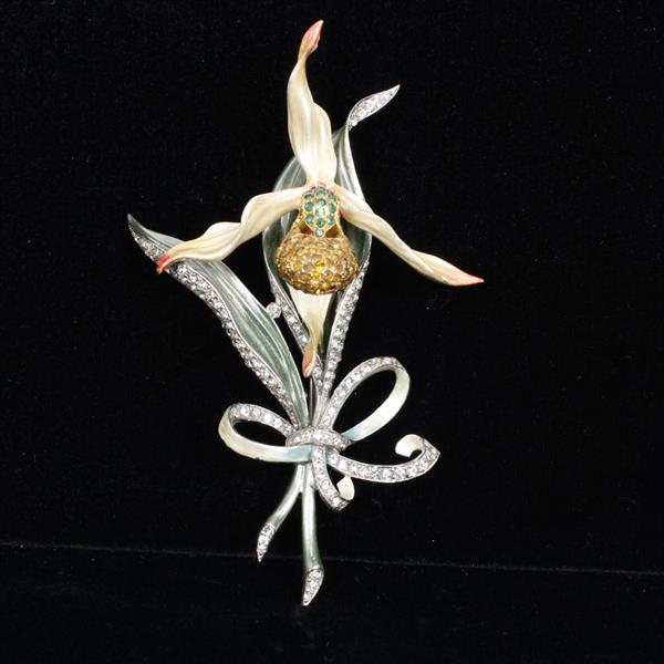 Appraisal: Mazer Enamel and pave layered Orchid flower Brooch Very good